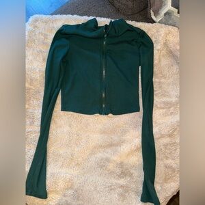 SHEIN Dark Green Zip-Up Top cropped long sleeve soft feminine cozy BRAND NEW